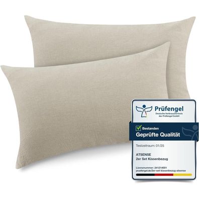 ATsense 2er Set Kissenbezug 40x80 cm - 100% Gewaschene Baumwolle, Beige-grau