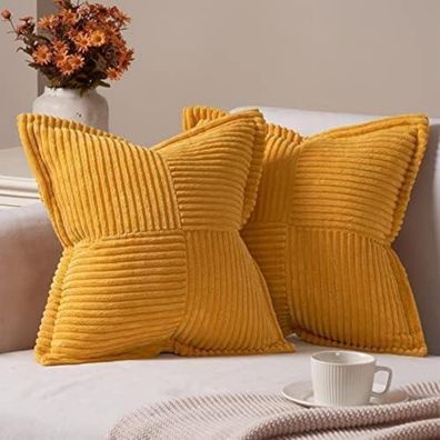 Topfinel Kissenbezug 45x45 cm 2er Set Gelb Kordsamt Dekokissen für Sofa