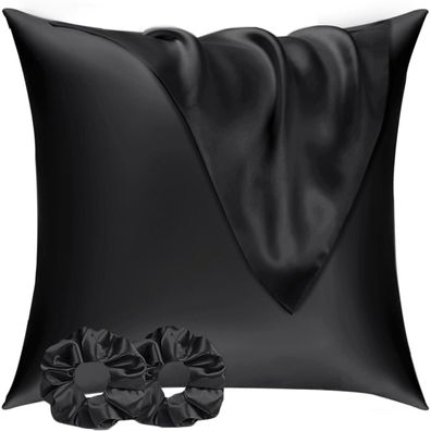 Vielit Satin Kissenbezug 80x80 cm (2er Set) mit 2 Haargummis, Schwarz