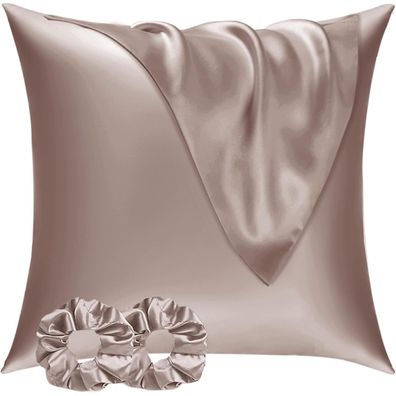 Vielit Satin Kissenbezug 60x60 (2er Set) mit 2 Haargummis, Braun/Rosa Taupe