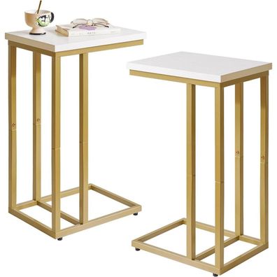 Aibiju 2er-Set Kleiner Beistelltisch C-Form für Sofa & Laptop, Weiß/Gold Metall