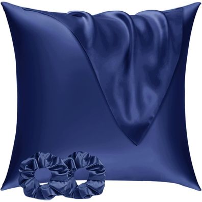 Vielit Satin Kissenbezug 80x80 (2er Set) mit 2 Haargummis, Dunkelblau