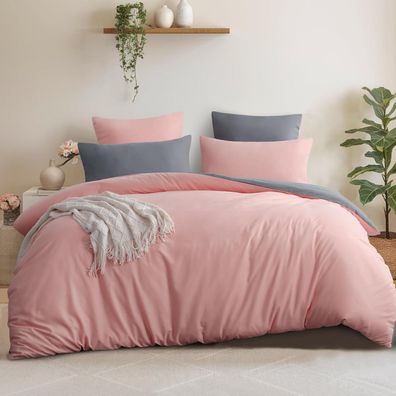 Aisbo Wendebettwäsche 240x260cm 3-teilig, Rosa/Grau mit Kissenbezug 65x65cm