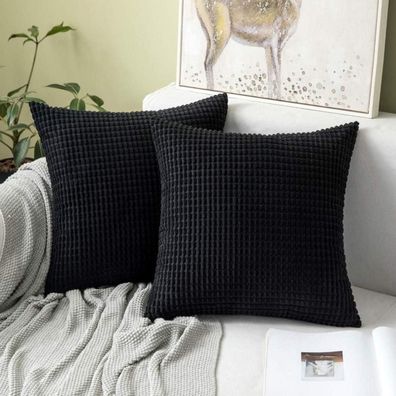 MIULEE Kissenbezug 50x50 cm Schwarz, 2er Set Kordsamt Dekokissen für Sofa und
