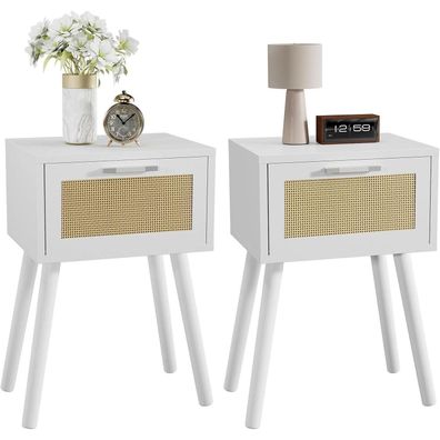 YMYNY Rattan Nachttisch 2er Set, Beistelltisch mit Magnetschublade, 35x27x53