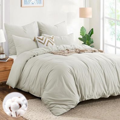 Aisbo Bettwäsche 200x220 cm Baumwolle Beige, 3-teiliges Set mit 2 Kissenbezügen