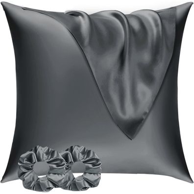 Vielit Satin Kissenbezug 65x65 2er Set mit 2 Haargummis, Dunkel Grau