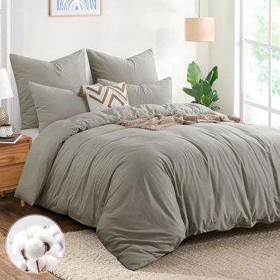 Aisbo Bettwäsche 220x240 cm Baumwolle Taupe, 3-teiliges Set mit 2 Kissenbezügen