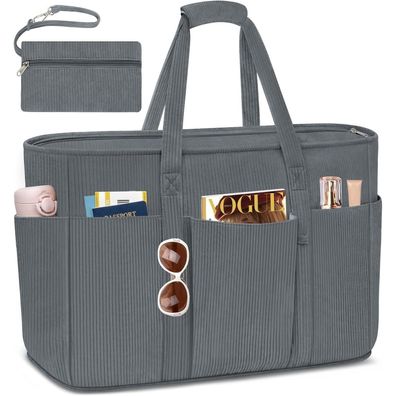 TEUEN Große Strandtasche mit Reißverschluss, 45L XXL Kord-grau, ideal für