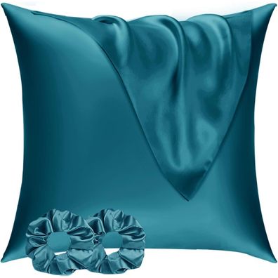 Vielit Satin Kissenbezug 60x60 cm (2er Set) mit 2 Haargummis, Blaugrün, Haut