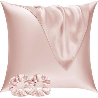 Vielit Satin Kissenbezug 60x60 2er Set mit 2 Haargummis, Rosa, für Haar & Haut