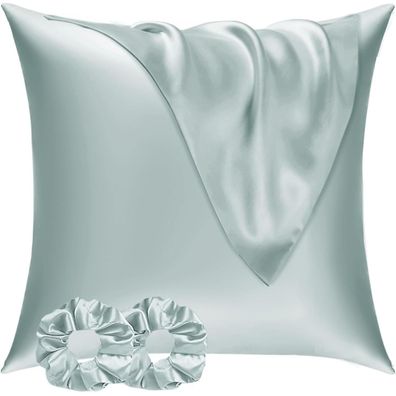 Vielit Satin Kissenbezug 65x65 cm (2er Set) mit 2 Haargummis, Grün - Sanft zu