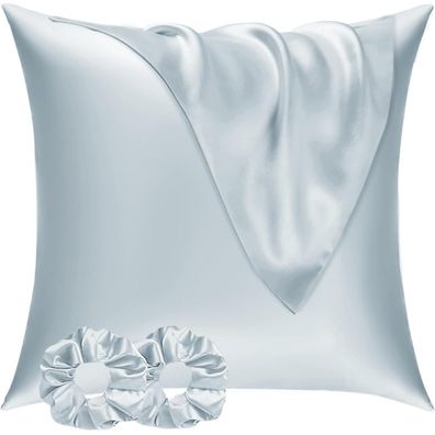 Vielit Satin Kissenbezug 80x80 2er Set mit 2 Haargummis, Hellblau