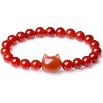 Xiannvxi Damen Armband mit 8mm Karneol Perlen und süßem Katzenmotiv