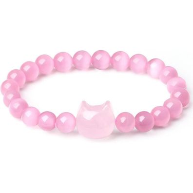 Xiannvxi Damen Katzen Armband aus 8mm Rosenquarz Perlen, Glücksbringer und