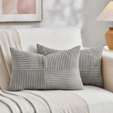 FDTERN 2er Set Kordsamt Kissenbezüge 50x70cm Hellgrau - Weich, Modern, Boho Deko