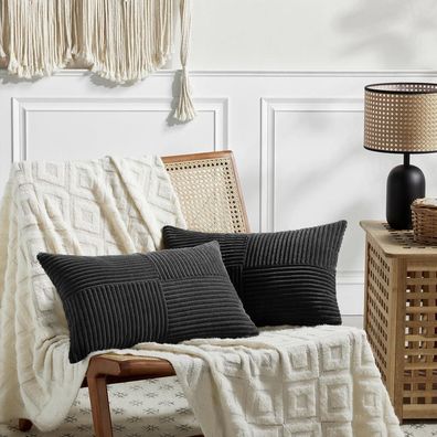 FDTERN 2er Set Kordsamt Kissenbezüge 40x60CM Schwarz - Weich, Modern, Boho Deko
