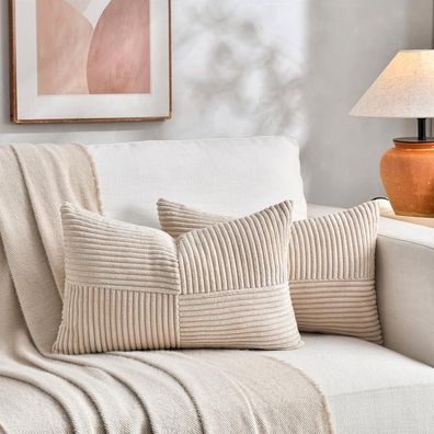 FDTERN 2er Set Kissenbezüge Khaki Beige Kordsamt 40x60CM - Modern & Boho