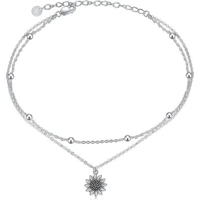 VONALA 925 Sterling Silber Fußkettchen mit Sonnenblumen-Anhänger, Doppelkette
