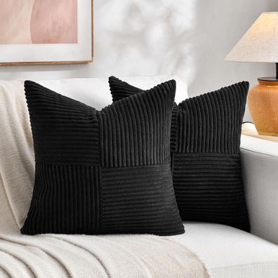 FDTERN 2er Set Kissenbezüge 70x70 cm Schwarz Kordsamt Weich Moderne Dekorative