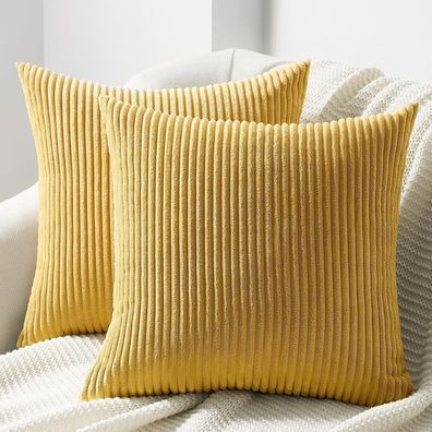 Topfinel Kissenbezug 45x45 cm, 2er Set, Gelb, Gestreiftes Kordsamt Muster