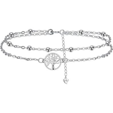 J. MUEN Fußkettchen Silber 925 Damen, Verstellbare Fußkette mit Lebensbaum
