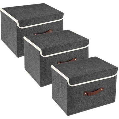 TYEERS Faltbare Aufbewahrungsbox mit Deckel, 3 Stück, Schwarz, 38x25x25 cm