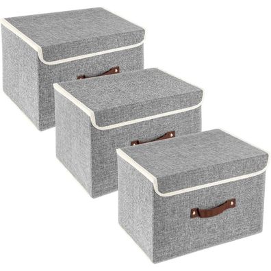 TYEERS Faltbare Aufbewahrungsboxen mit Deckel, 3er Set, Grau, 38x25x25 cm