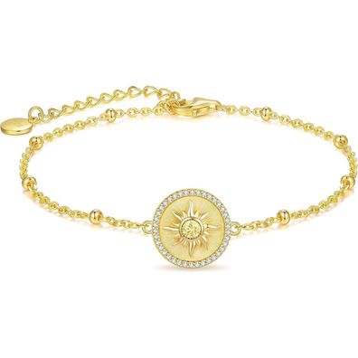CDE Damen Armband 925 Sterling Silber mit Sonne Anhänger, 14K Gold veredelt