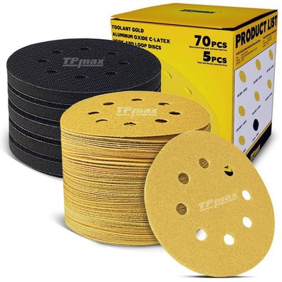 TPmax 70 Stück 125mm 8 Loch Schleifscheiben Set mit 5 Klett Soft Interface