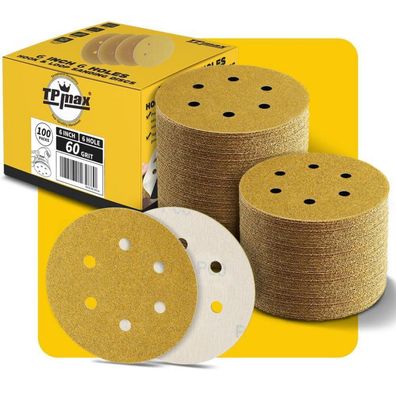 100 Stück 150mm 6 Loch Schleifscheiben Klett 60 Körnung Premium Gold für