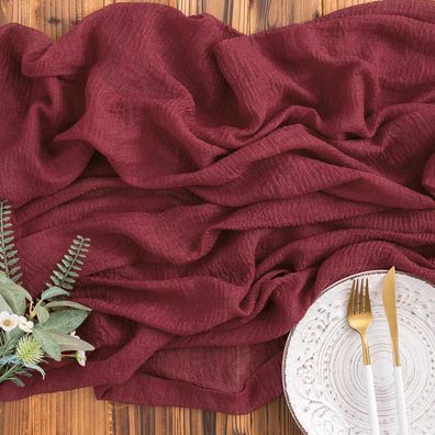 Aoksunova Tischläufer Musselin Bordeaux Rot 80cm x 3m - Waschbar