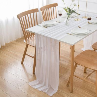 Aoksunova Chiffon Tischläufer Weiß 300x70cm - Waschbarer Dekostoff für