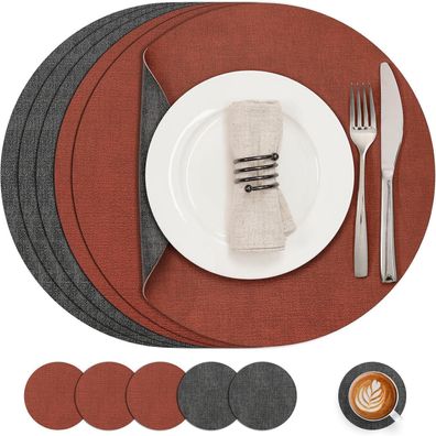 Myir JUN Tischsets Abwaschbar Lederoptik, Rund Ø 36cm, 6er Set, Doppelseitig