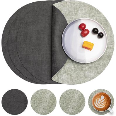 Myir JUN Tischsets Abwaschbar Lederoptik, Rund Ø 36cm, 4er Set, Grau Grün