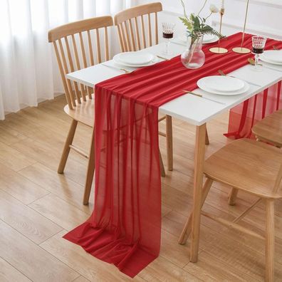 Aoksunova Tischläufer Chiffon Rot 4m x 70cm - Elegante Tischdeko für Hochzeiten
