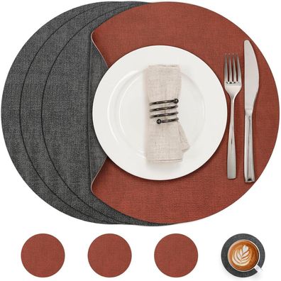 Myir JUN Tischsets Abwaschbar Lederoptik Rund Ø 36cm 4er Set, Rutschfest