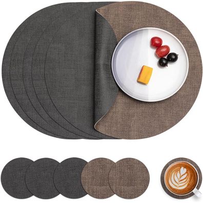 Myir JUN Tischsets Abwaschbar Lederoptik, Rund Ø 36cm, Doppelseitig, 6er Set