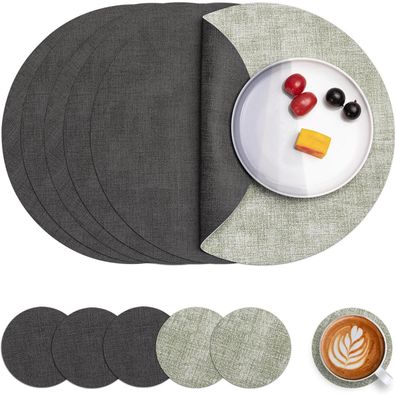 Myir JUN Tischsets Abwaschbar Leder, Doppelseitige Platzsets Rund Ø 36cm, 6er