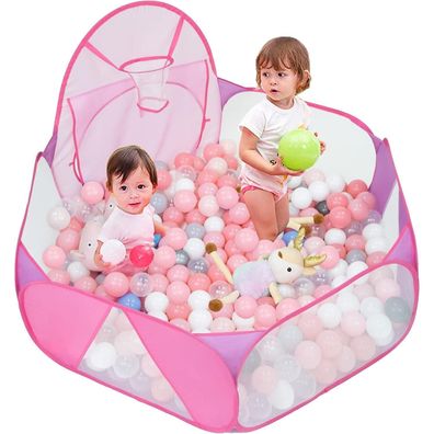 Eocolz Pop Up Bällebad 120 cm für Kinder, Spielzelt mit Basketballkorb, Rosa