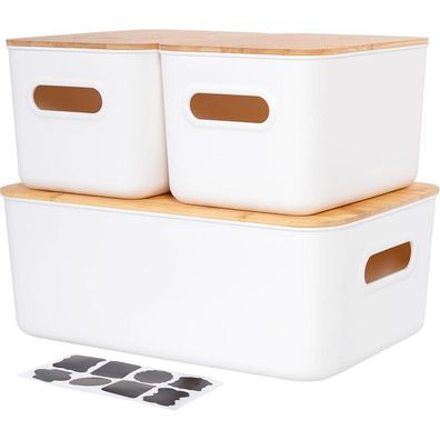 Kerhouze 3er Set Aufbewahrungsboxen mit Bambus Deckel, stapelbar, mit Griffen