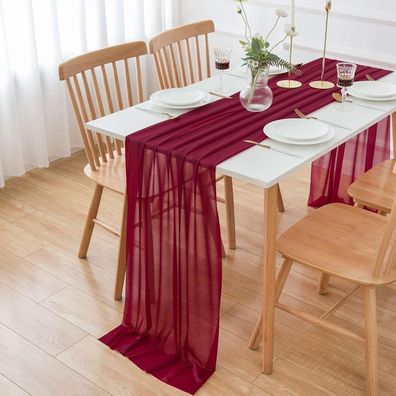 Aoksunova Tischläufer Chiffon Bordeaux Rot 70 x 400cm - Eleganter Dekostoff für