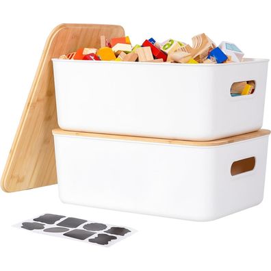 Kerhouze 2er Set Aufbewahrungsboxen mit Bambus Deckel, Weiß, 38.4 x 27 x 15.2
