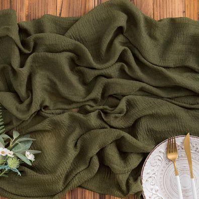 Aoksunova Musselin Tischläufer Olivgrün 80x300cm Boho für Hochzeiten und