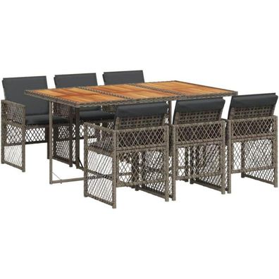 vidaXL Garten Essgruppe 7-TLG. Grau Poly Rattan Holz mit Kissen für Garten und