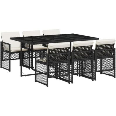 vidaXL Garten Essgruppe 7-TLG. Poly Rattan mit Kissen, Tisch & 6 Stühle