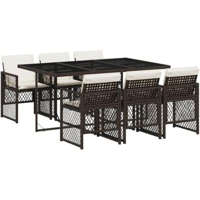 vidaXL Garten Essgruppe 7-TLG. Braun Poly Rattan Glas mit Kissen für Garten und