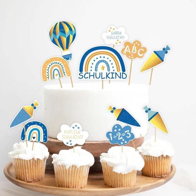 Miuezuth Tortendeko zur Einschulung, 12-teilig, Regenbogen Schulanfang Cupcake