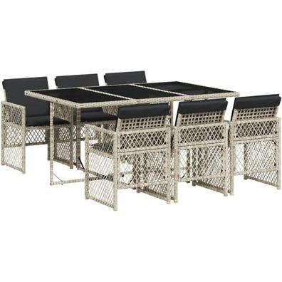vidaXL Garten Essgruppe 7-TLG. Hellgrau Poly Rattan mit Kissen und Glasplatte