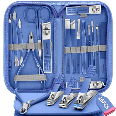 Bleswin Maniküre & Pediküre Set, 16 Teile, Professionell, mit Reiseetui, Blau